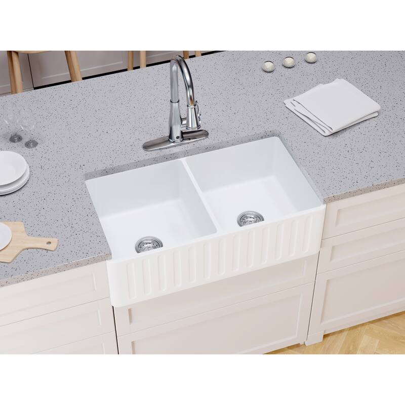 Roine Farmhouse Reversible Apron Front Solid Surface 33 in. 50/50 Basin Kitchen Sink in White