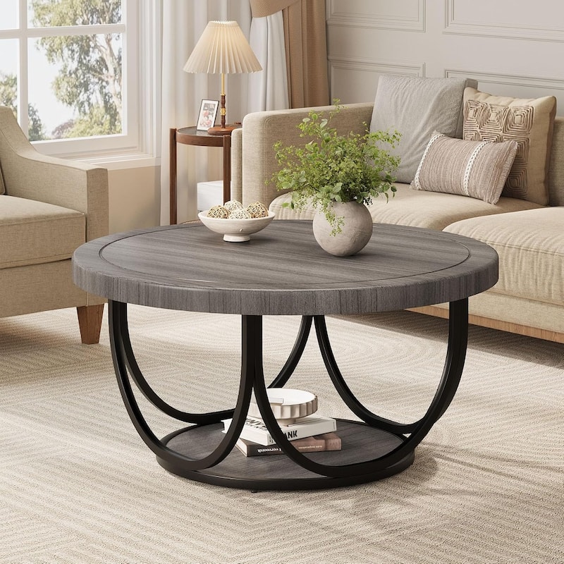 2-Tier Round Coffee Tables for Living Room, 31.5" Wooden Circle Accent Cocktail Table with Shelf - 35.4"L x 35.4"W x 17.3"H