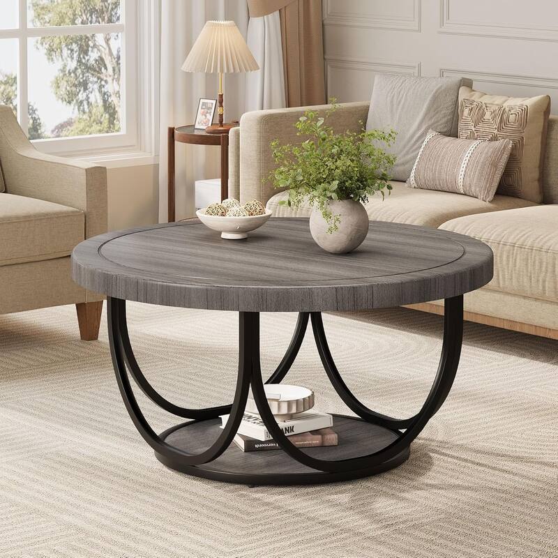 Round Coffee Table with 2 Tiers Storage Shelf for Living Room