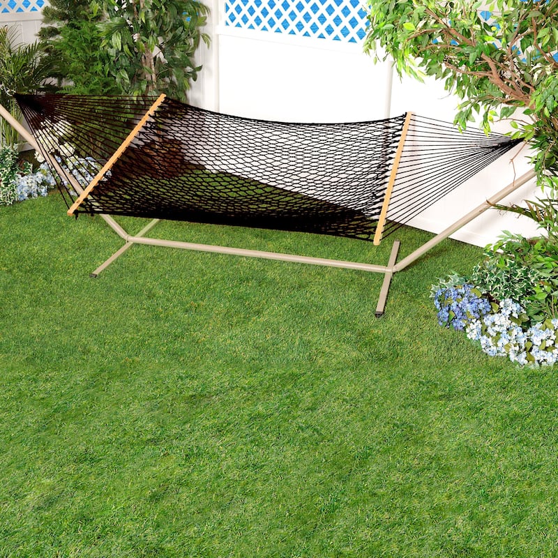 Bliss Hammocks BH-410BK 60" Wide Cotton Rope Hammock w/ Spreader Bar, S Hooks, & Chains | Indoor, Outdoor, Poolside,
