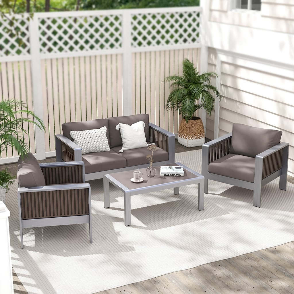 4 PCS Modern Aluminum Patio Set Outdoor Sofa & Table Set w/ Cushions