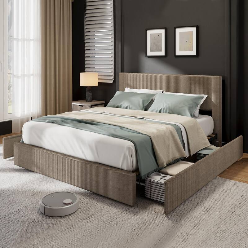 Full/Queen/King Size Bed Frame with Tufted Wingback Headboard, Platform Corduroy Upholstered Bed Frame with 4 Drawers - Full - Brown