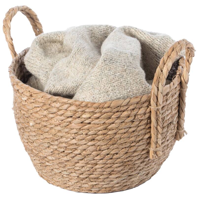 Decorative Round Wicker Woven Rope Storage Blanket Basket - Small