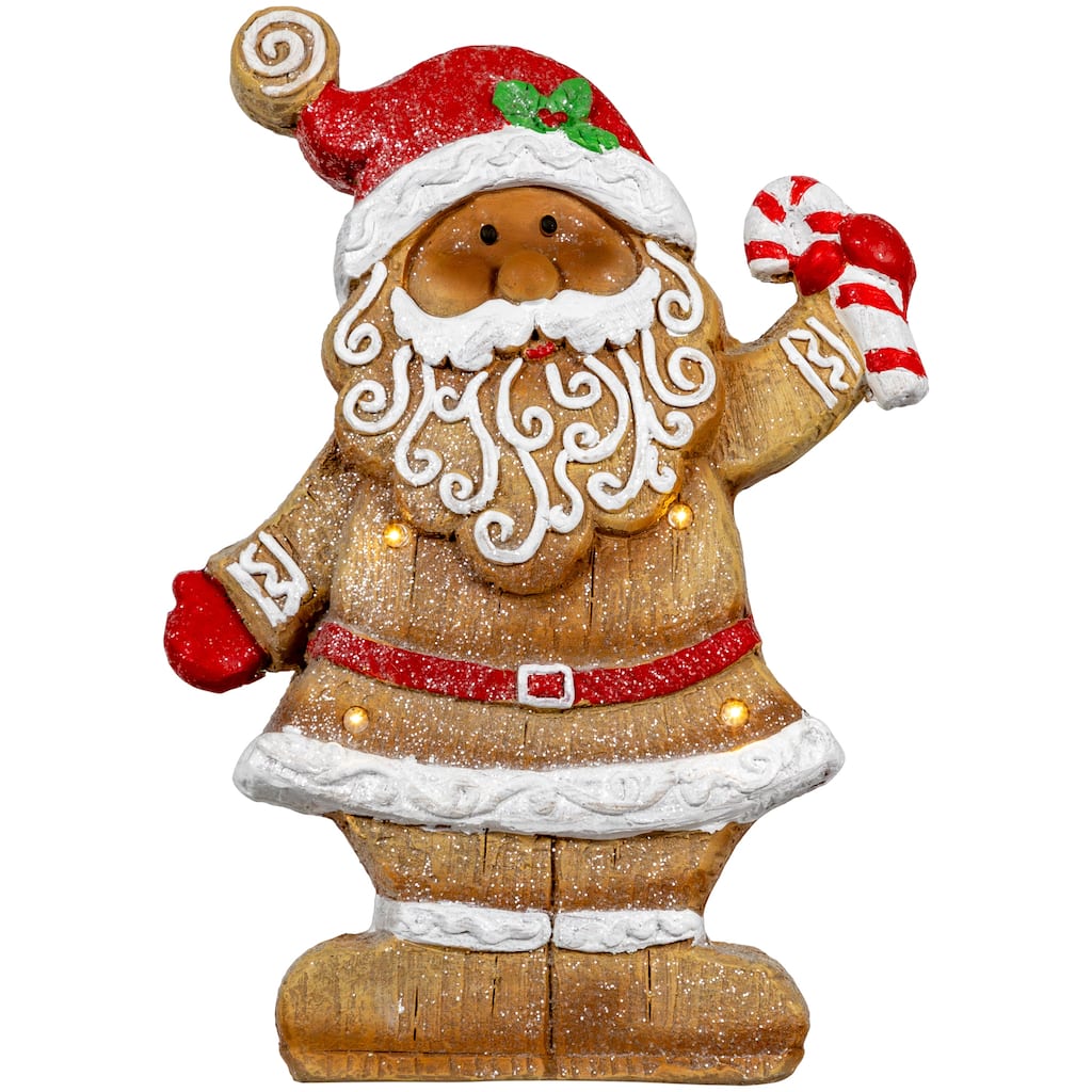 LED Lighted Gingerbread Santa with Candy Cane Christmas Figure - 15"