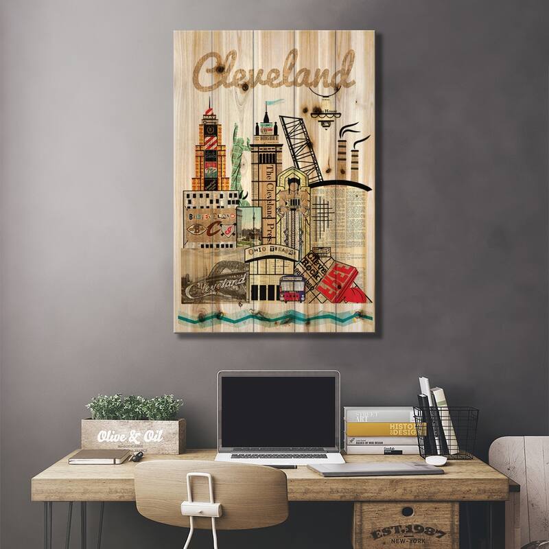 Cleveland Skyline Print On Wood by Paper Cutz - Multi-Color