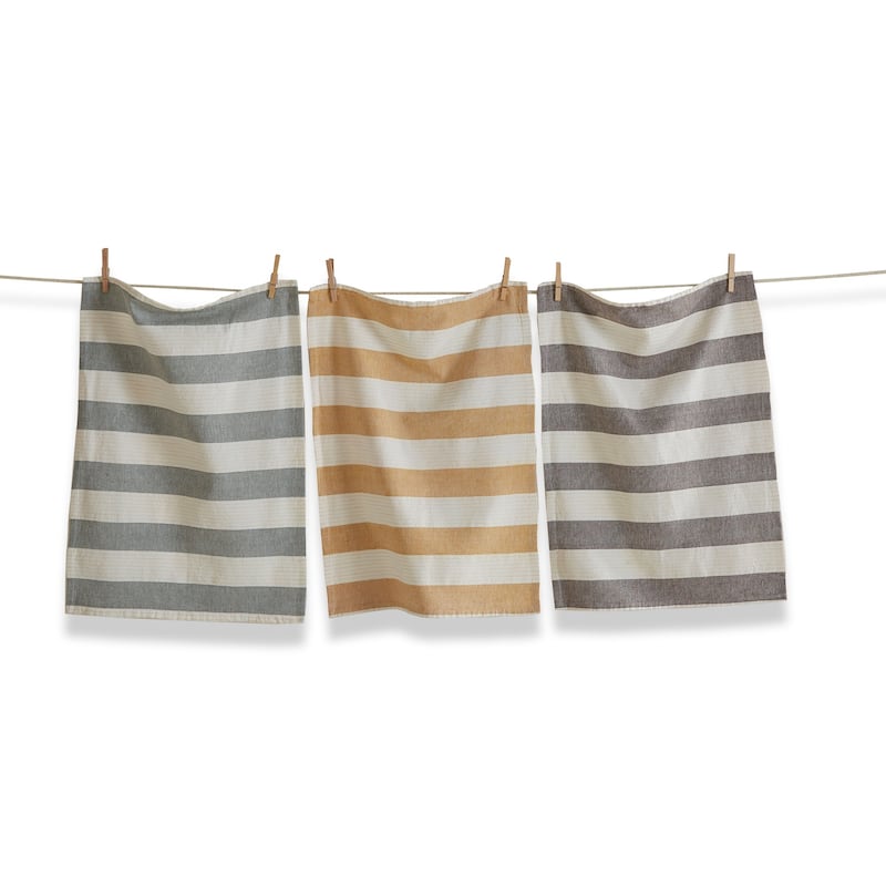Set of 3 Woven Slub Stripe Cotton Machine Washable Kitchen Dishtowel, 18Lx26W inch. - Grey