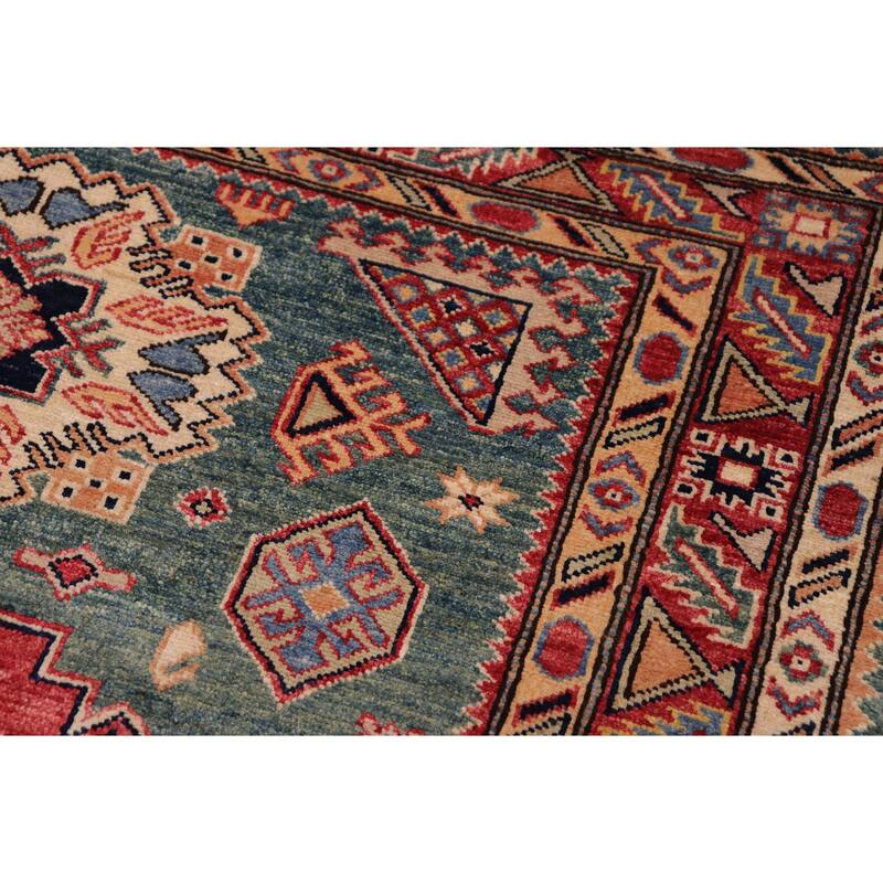 Southwestern Super Kazak Samara Green/Red Hand Knotted Wool Rug - 4'2'' x 5'11''