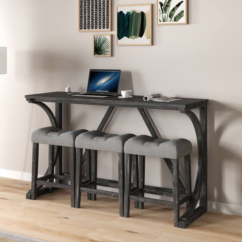 Bar Table Set with Power Outlet, Bar Table and Chairs Set, 4 Piece Dining Table Set