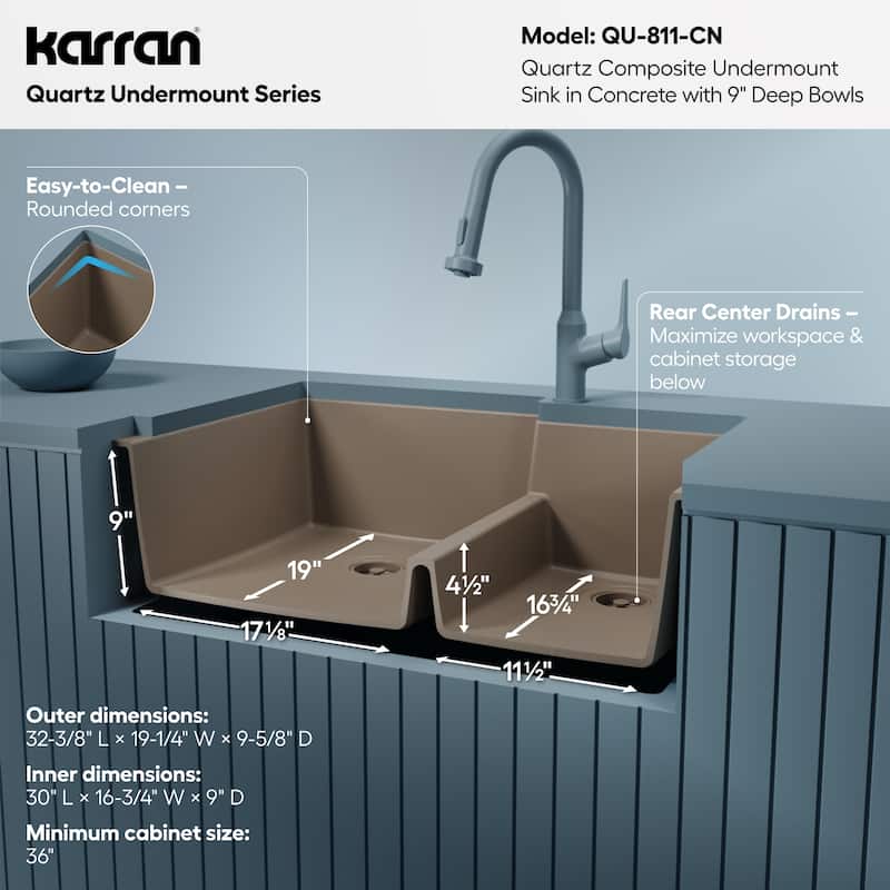 Karran Undermount Large/Small Bowl Quartz Kitchen Sink - 32" x 21.25" x 9" - 32" x 21.25" x 9"
