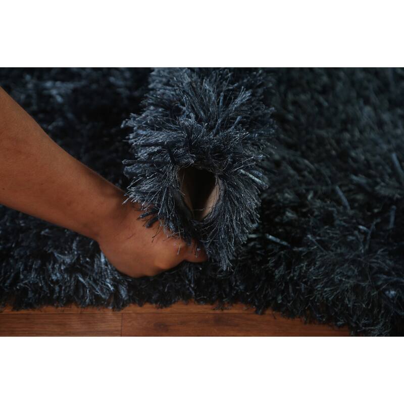 Blue Plush Shaggy Indian Area Rug Hand-Tufted Wool Carpet - 5'0" x 8'0"