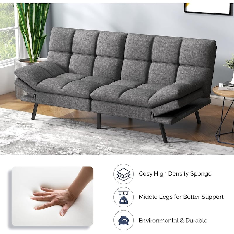 Futon Sofa Bed, Memory Foam Foldable Couch Convertible Loveseat Sleeper Daybed with Adjustable Armrests for Small Space