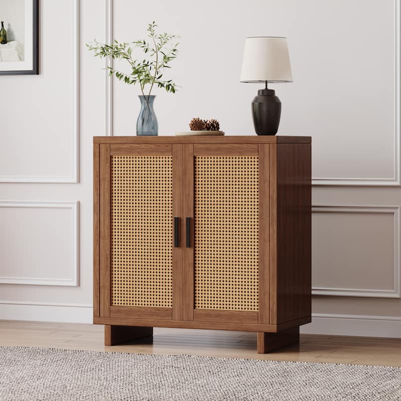 Wood Accent Cabinet Sideboard Buffet with Rattan Doors - Walnut