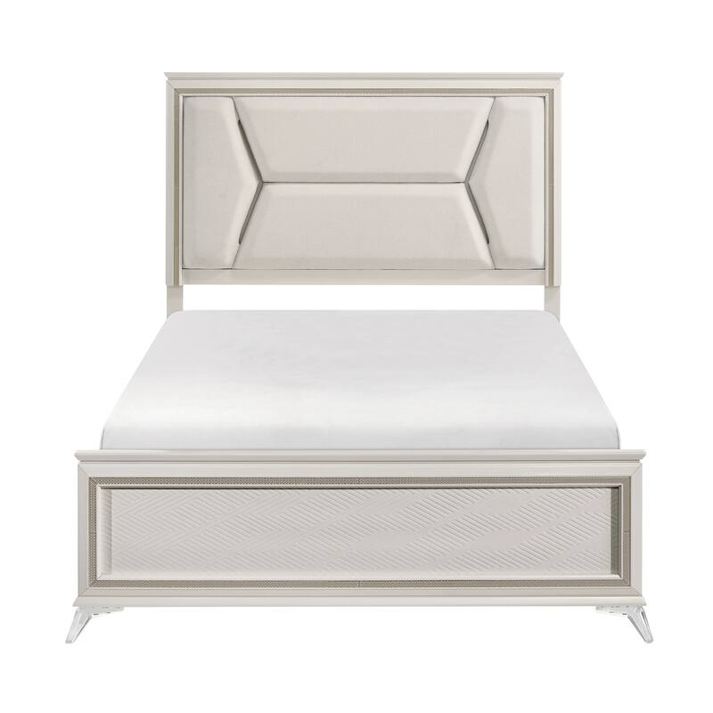 Modern Queen Bed with LED Upholstered Headboard, White and Gold Finish