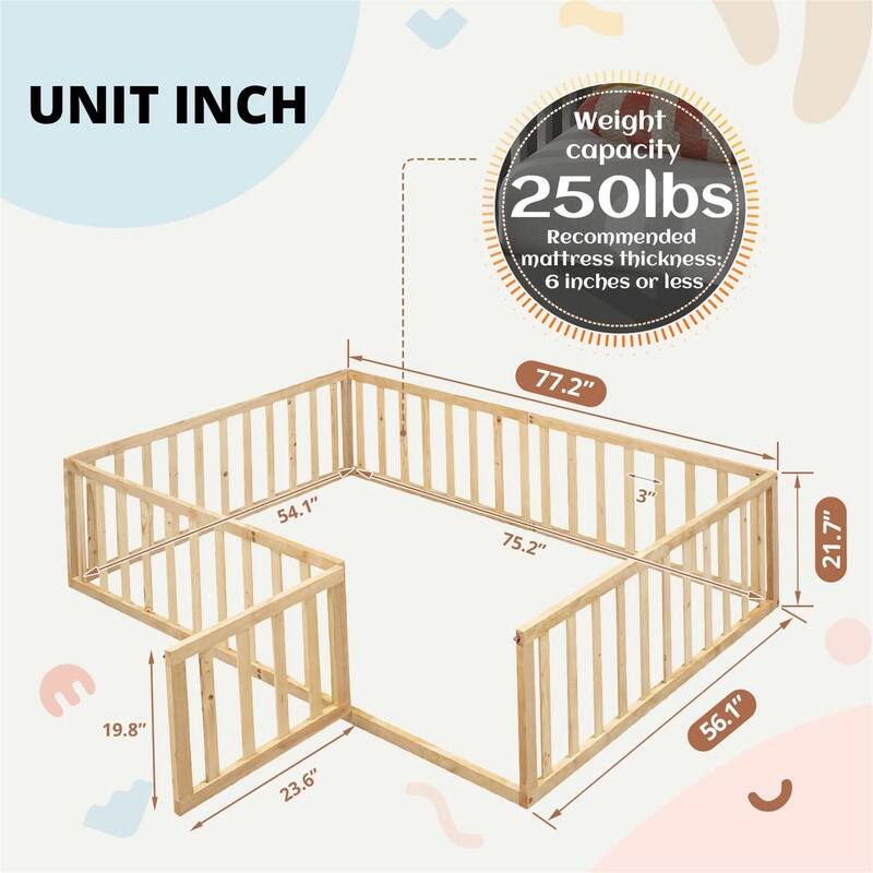 Full Size Floor Bed for Children, Sturdy Wood Montessori Bed Frame with Fence & Door