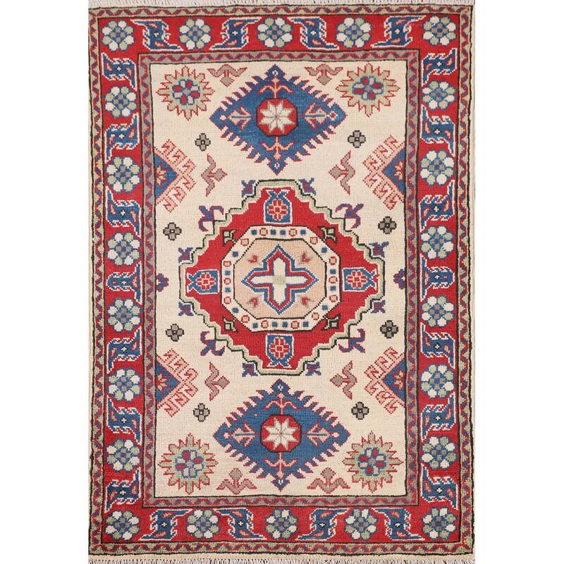 Ivory Kazak Accent Rug Hand-Knotted Wool Carpet - 2'9" x 4'0"