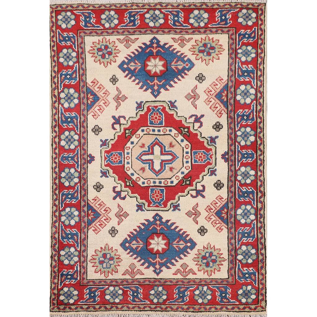Ivory Kazak Accent Rug Hand-Knotted Wool Carpet - 2'9" x 4'0"