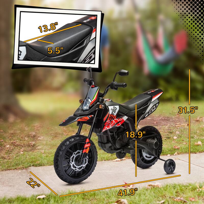 Aprilia Licensed 12V Kids Electric Dirt Bike with Training Wheels, Music, USB Port, and Headlight