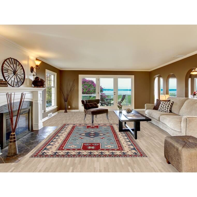 Light Blue Geometric Kazak Area Rug Living Room Handmade Wool Carpet - 6'4" x 9'10"