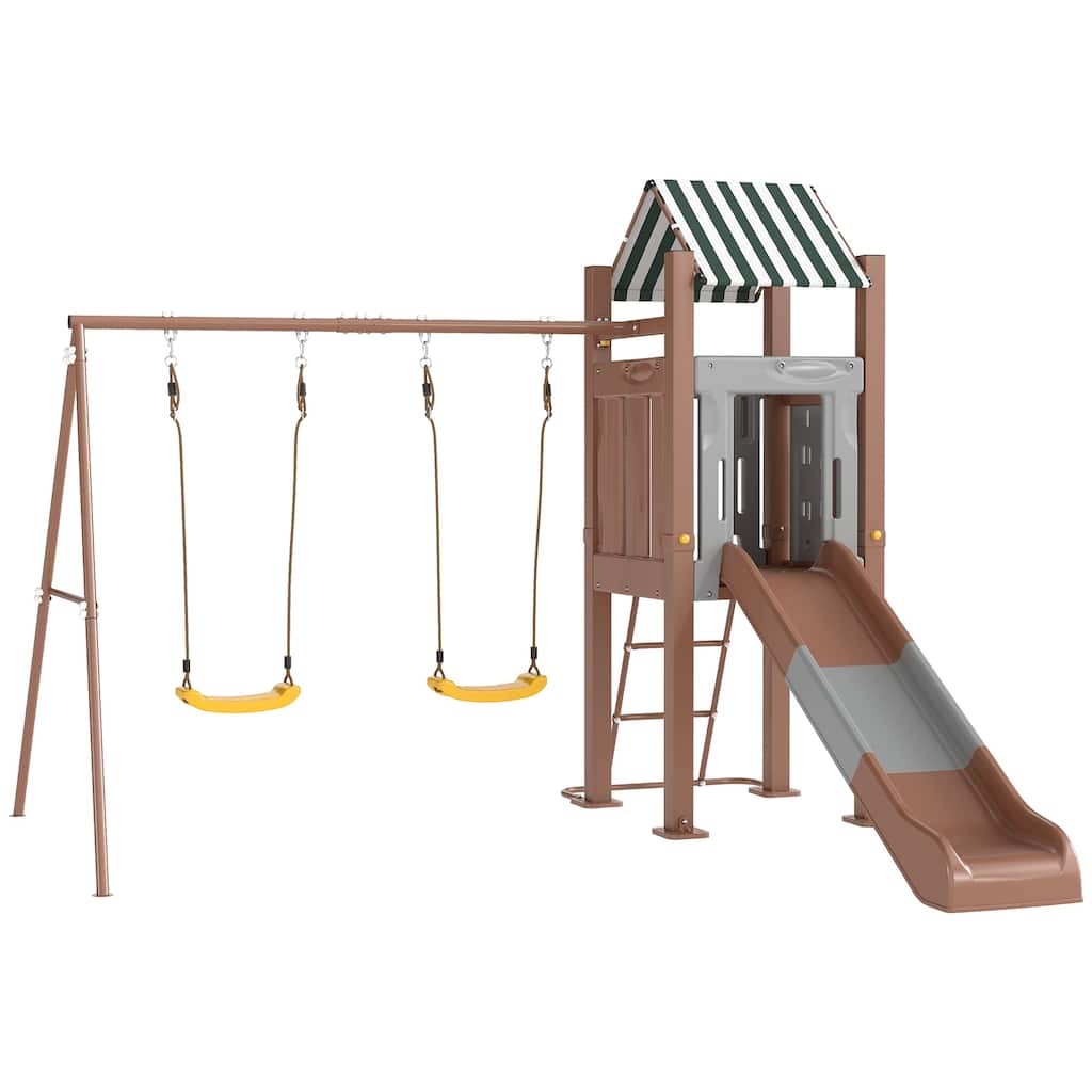 Qaba Kids Swing Set for Backyard, Playground Set with 6 FT Slide, 2 Adjustable Swings, Fort with Canopy, Ground Stakes, Brown
