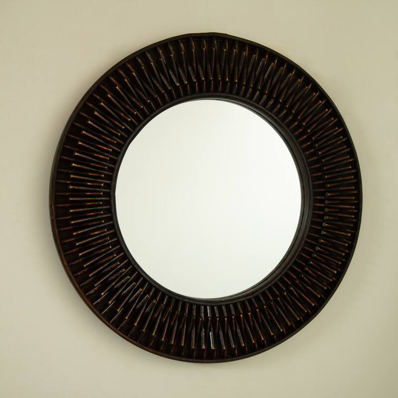 Aura Dark Bamboo Natural Log-Style Circle Wall Mirror - Bathroom, Bedroom, Living Room - Dark Brown,Silver