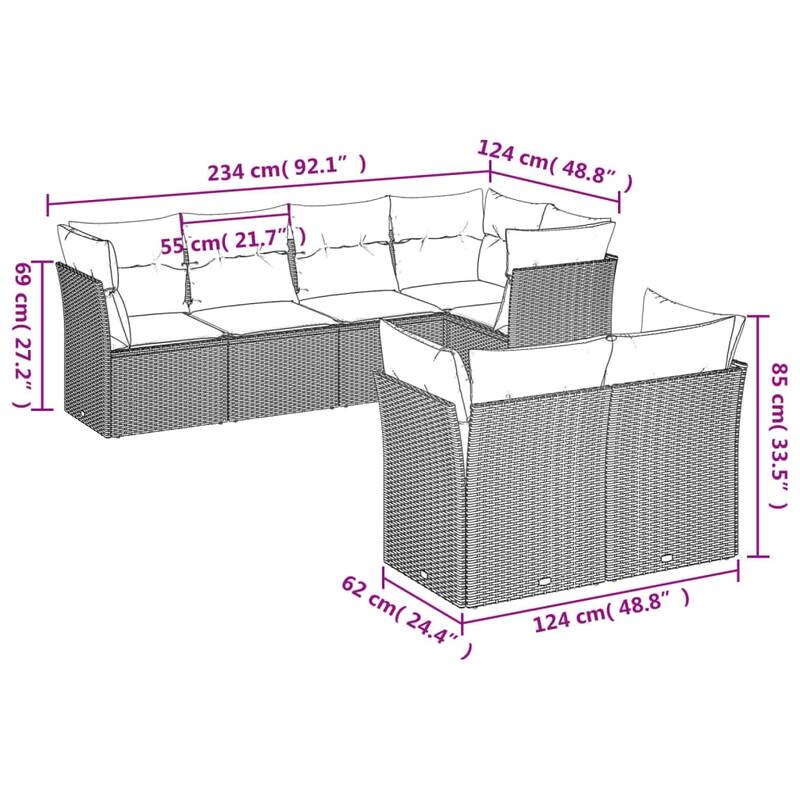 vidaXL 7 Piece Patio Sofa Set with Cushions Brown/Gray Poly Rattan - 21.7 x 24.4 x 27.2