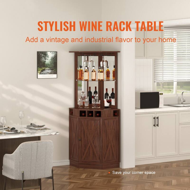 Freestanding Rustic Brown Wine Bar Cabinet for Home Corner 40 Bottle Rack with Glass Holder Shelves - 23.6 x 31.5 x 73.2 inch