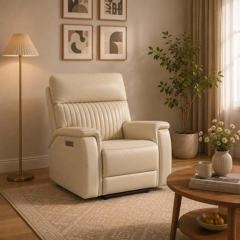 Genuine Leather Zero Gravity Power Reclining Sofa with Headrest, Lumbar & USB, Living Room Set - Recliner - Cream