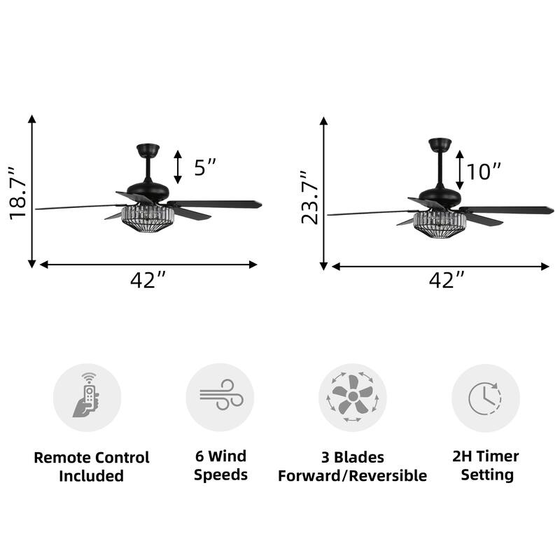 42"/52" Modern Crystal Ceiling Fan with Light, 5 Wood Blades, DC Motor, Remote, Dual Downrods - 42 inch
