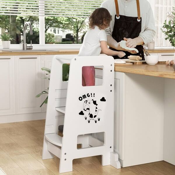 slide 2 of 6, Kids Step Stool Toddler Learning Tower Solid Wood Learning Stool - White