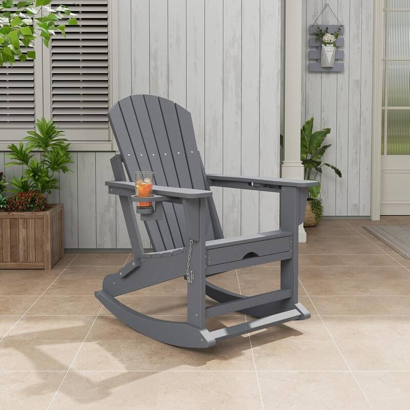 Folding Rocking Adirondack Chair with Retractable Ottoman and Cup Holder - Grey