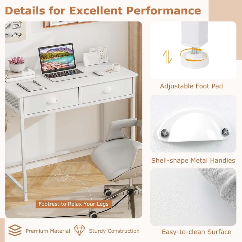 36'' Space Saving Laptop Desk Small Computer Desk w/ Hooks