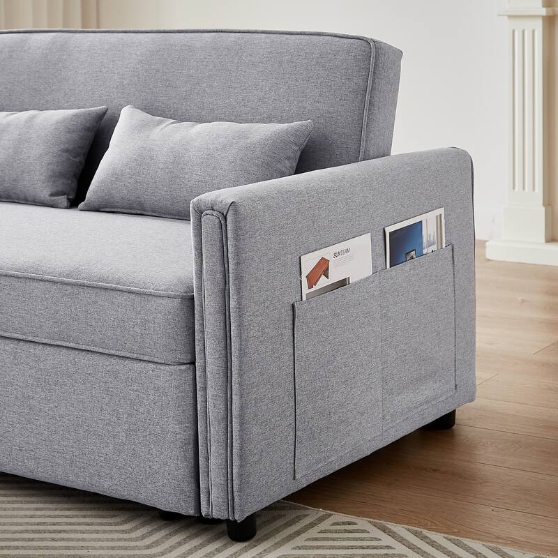 Modern Linen Convertible Loveseat Sleeper Sofa Couch with Adjustable Backrest, Pull-Out Bed and 2 Lumbar Pillows