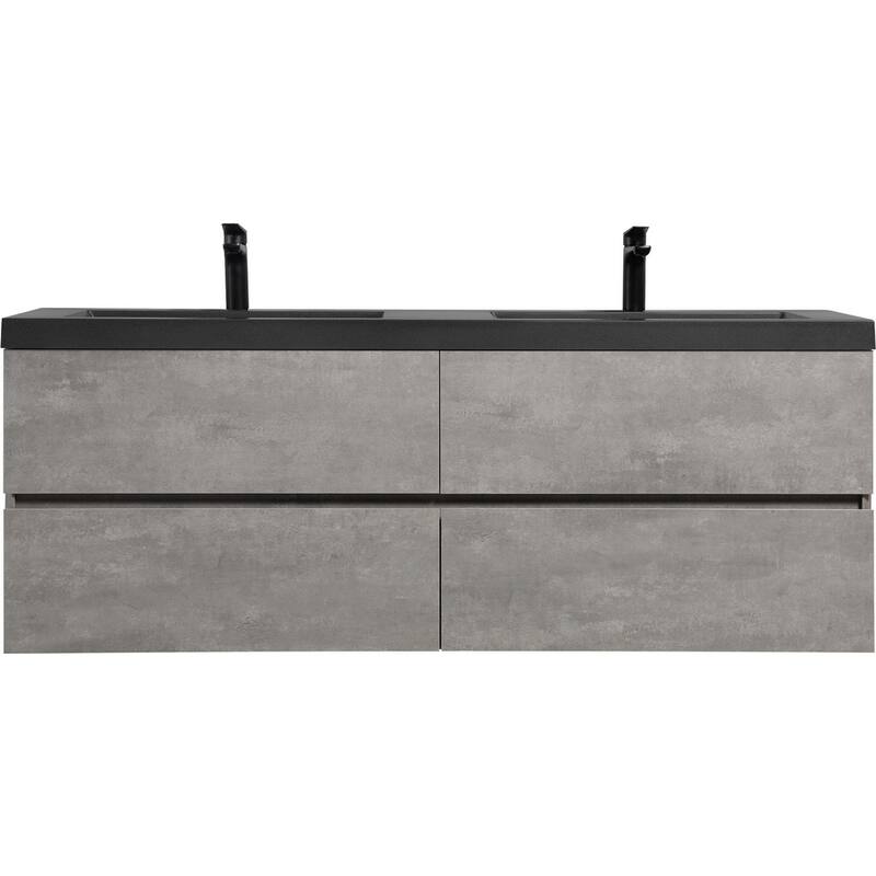 24/30/36/48/60 inch Melamine Floating Bathroom Vanity with Sink and Black Quartz Sand Top Basin and Soft Close Drawers