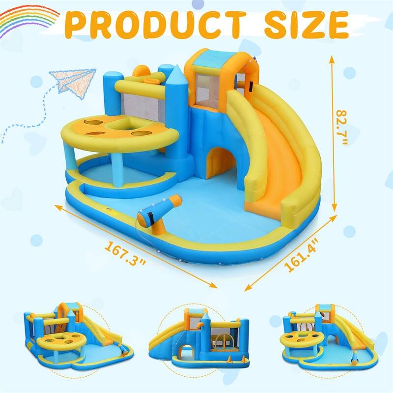 Oxford Cloth Inflatable Castle Bounce House In Blue And Yellow With Curved Slide, Whack-A-Mole & Water Play Function - N/A