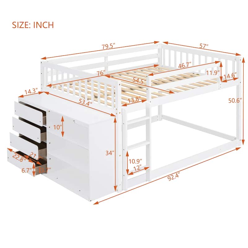 Full over Full Bunk Bed with 4 Drawers and 3 Shelves