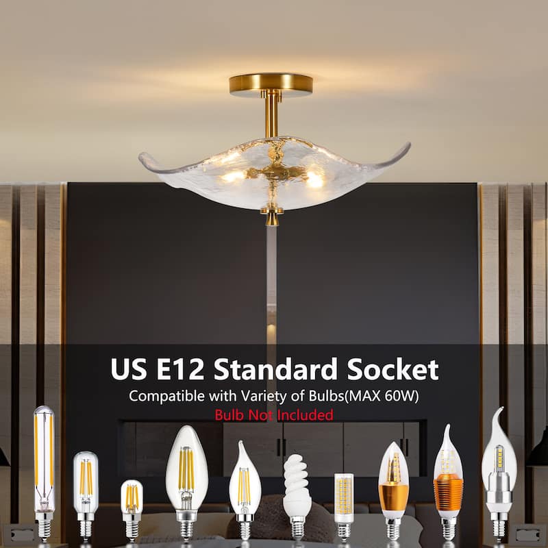 16.5" Glass Semi Flush Mount Ceiling Light Fixture, 2-Lights Close to Ceiling Light, Modern Ceiling Light Fixture