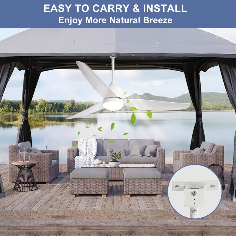 Outdoor Ceiling Fan with Light: 42-52 Inch Hanging - Plug in Waterproof Fans for Patio - Dimmable Remote App Control Black