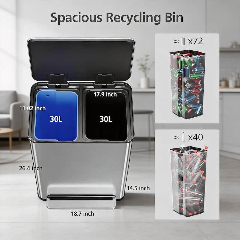 2 x 8 Gal Dual Compartment Trash Can, with Lid