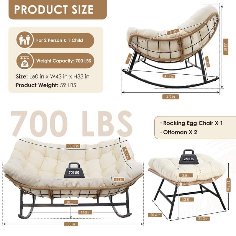 FINCATI Outdoor Double Papasan Chair, Oversized Patio Rocking Chair, 700 lbs Indoor Wicker Rocking Chair for Two