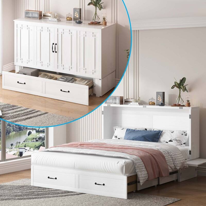 Mixoy Queen Murphy Bed Chest with Charging Station and Storage Drawer,No Mattress - White - Queen