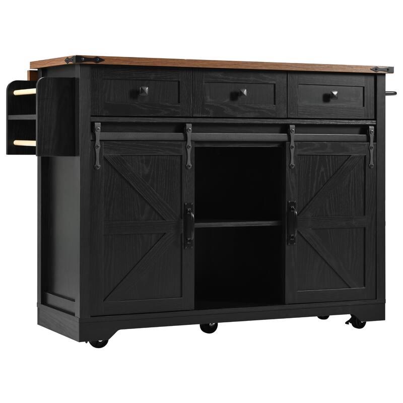 53.7'' Particle Board Farmhouse Kitchen Island with Power Outlet, Drop Leaf, Spice Rack, Rolling Wheels and Drawers