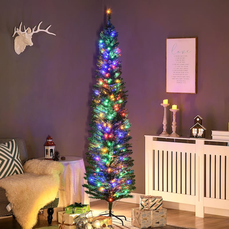 HOMCOM 7ft Tall Pencil Prelit Artificial Christmas Tree Holiday Décor with 499 Branches, 180 Colorful LED Lights, Steel Base - 7 Foot - Green