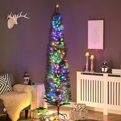 HOMCOM 7ft Tall Pencil Prelit Artificial Christmas Tree Holiday Décor with 499 Branches, 180 Colorful LED Lights, Steel Base