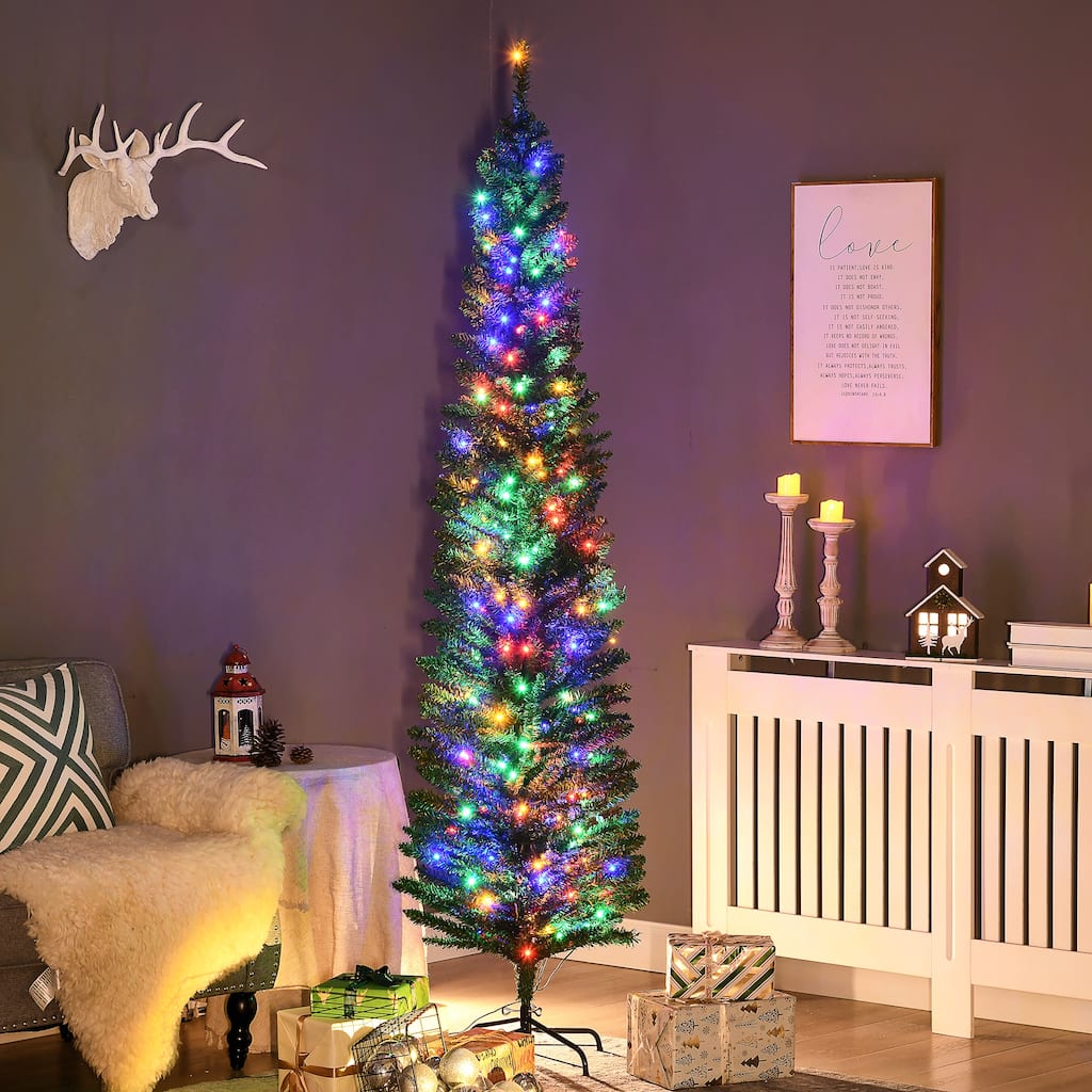 HOMCOM 7ft Tall Pencil Prelit Artificial Christmas Tree Holiday Décor with 499 Branches, 180 Colorful LED Lights, Steel Base