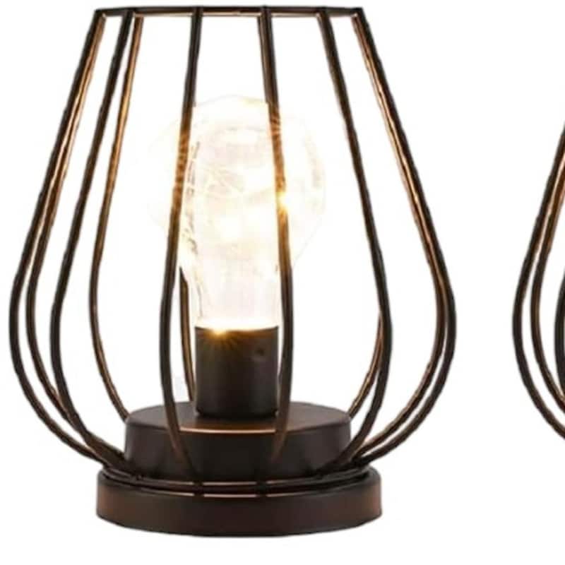 HomeRoots Set of Two 7" Black Geometric Cage Cordless Desk Lamps - 6.00 in. x 6.50 in. x 6.00 in.