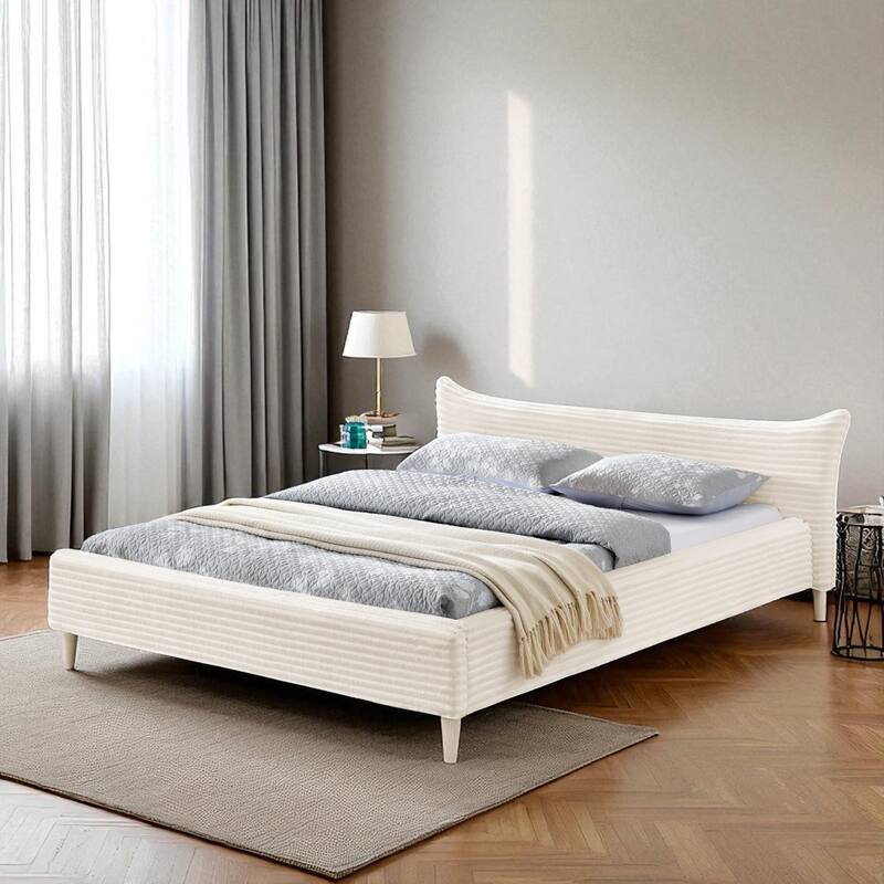 Queen Size Upholstered Velvet Platform Bed with Curved Headboard, Solid Wood Frame, No Box Spring Needed - Beige - Queen