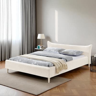 Queen Size Upholstered Velvet Platform Bed with Curved Headboard, Solid Wood Frame, No Box Spring Needed