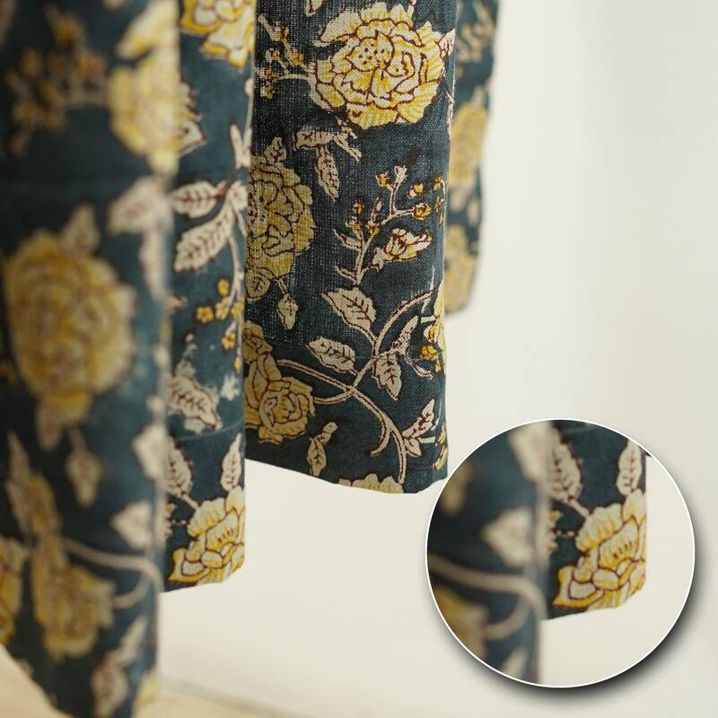 Fabdivine Handmade Soft Pure Linen Fabric Eyelet Curtain Block Print Floral Drape