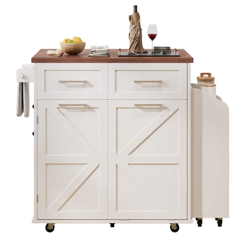 47.2"Farmhouse Kitchen Island with Drop Leaf, Removable Side Racks,Two Drawers,Rolling Kitchen Cart on Wheels with Towel Rack