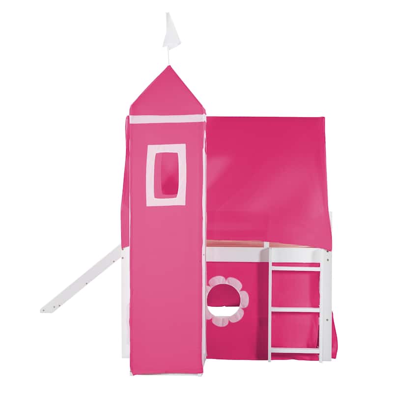 Playhouse Low Loft Bed with Slide, Pink Tent and Tower, Solid Pinewood Floor Bunk Bed Frame, Wooden Slats Support